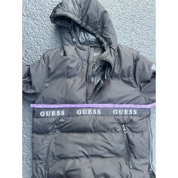 Men’s medium Guess black hooded popover puffer coat quarter zip puffer jacket - Picture 3 of 6